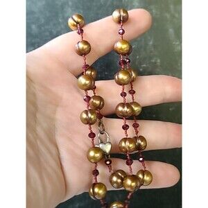 925 Sterling Silver Heart Shaped Clasp Garnet & Pearl Station Necklace Vintage